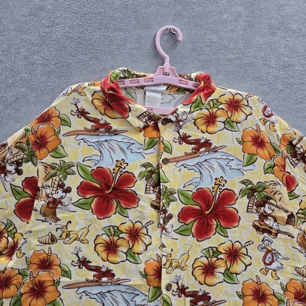 Disney‎ Parks Men Button Up Shirt 2XL Yellow Floral Hawaiian Mickey Minnie Mouse